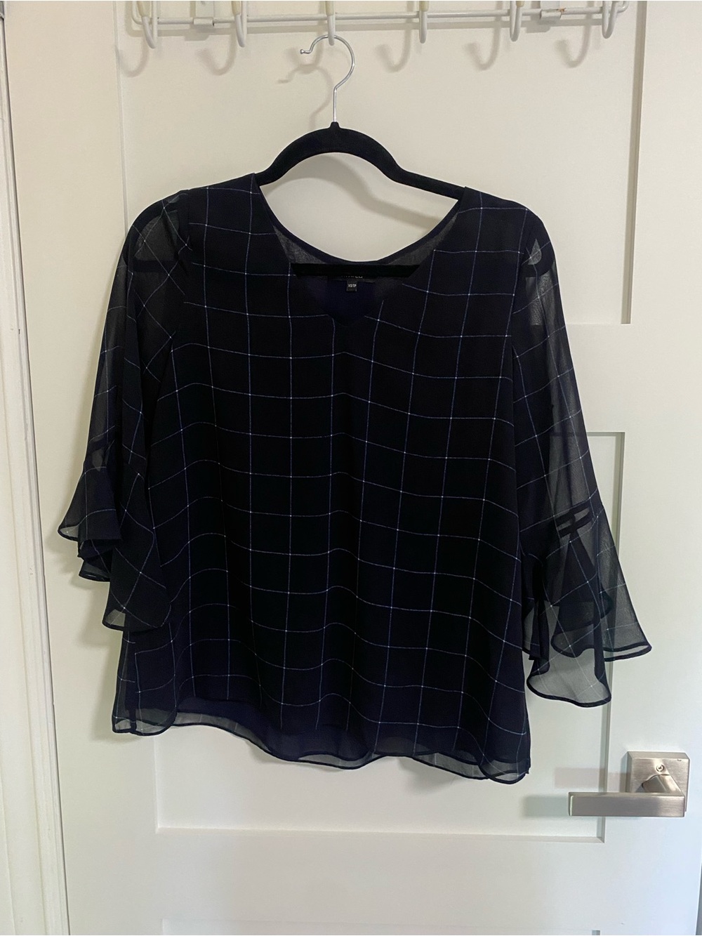 RW&CO. Navy Sheer Windowpane Blouse with Ruffle Sleeves